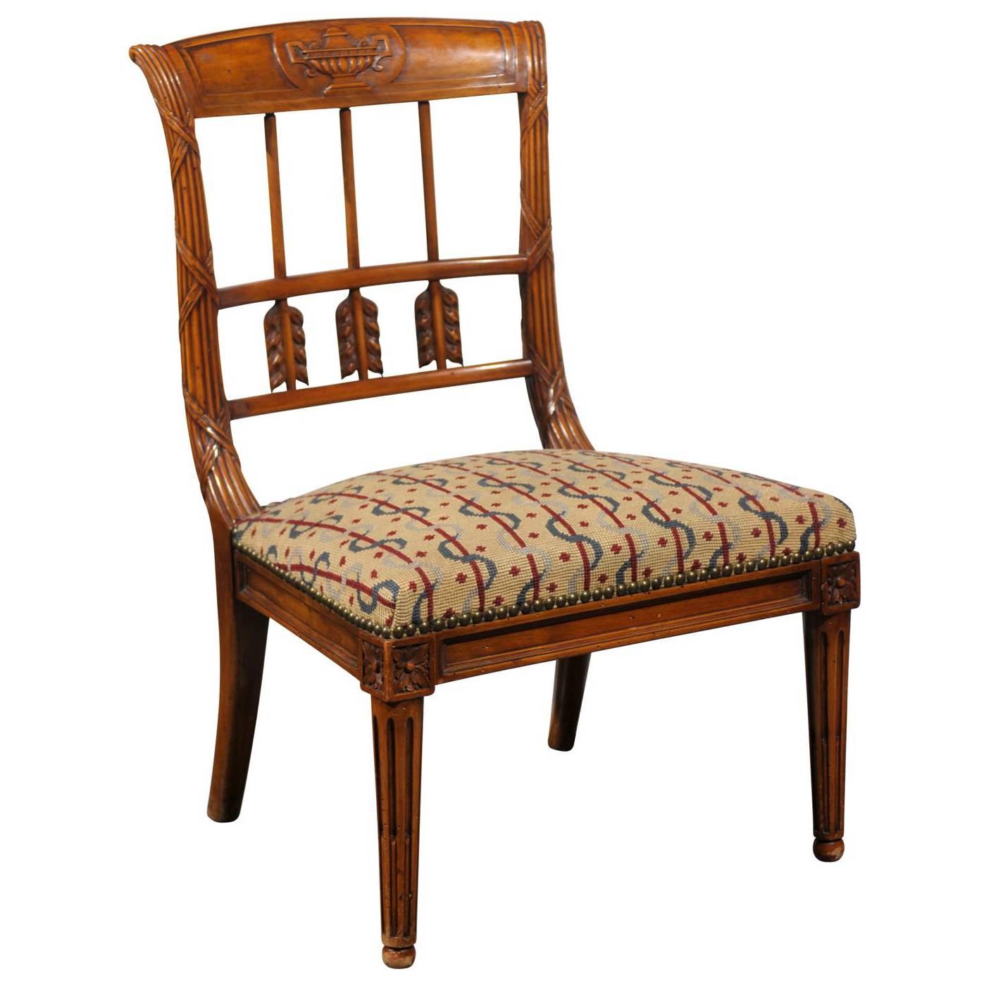 French Carved Back Slipper Chair and Needlepoint Seat from Early 20th Century For Sale