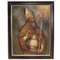 18th Century Painting Oil on Canvas Depicting Sacred Art Bishop