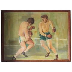 Vintage Mid-20th Century French Oil on Board Painting of Boxers