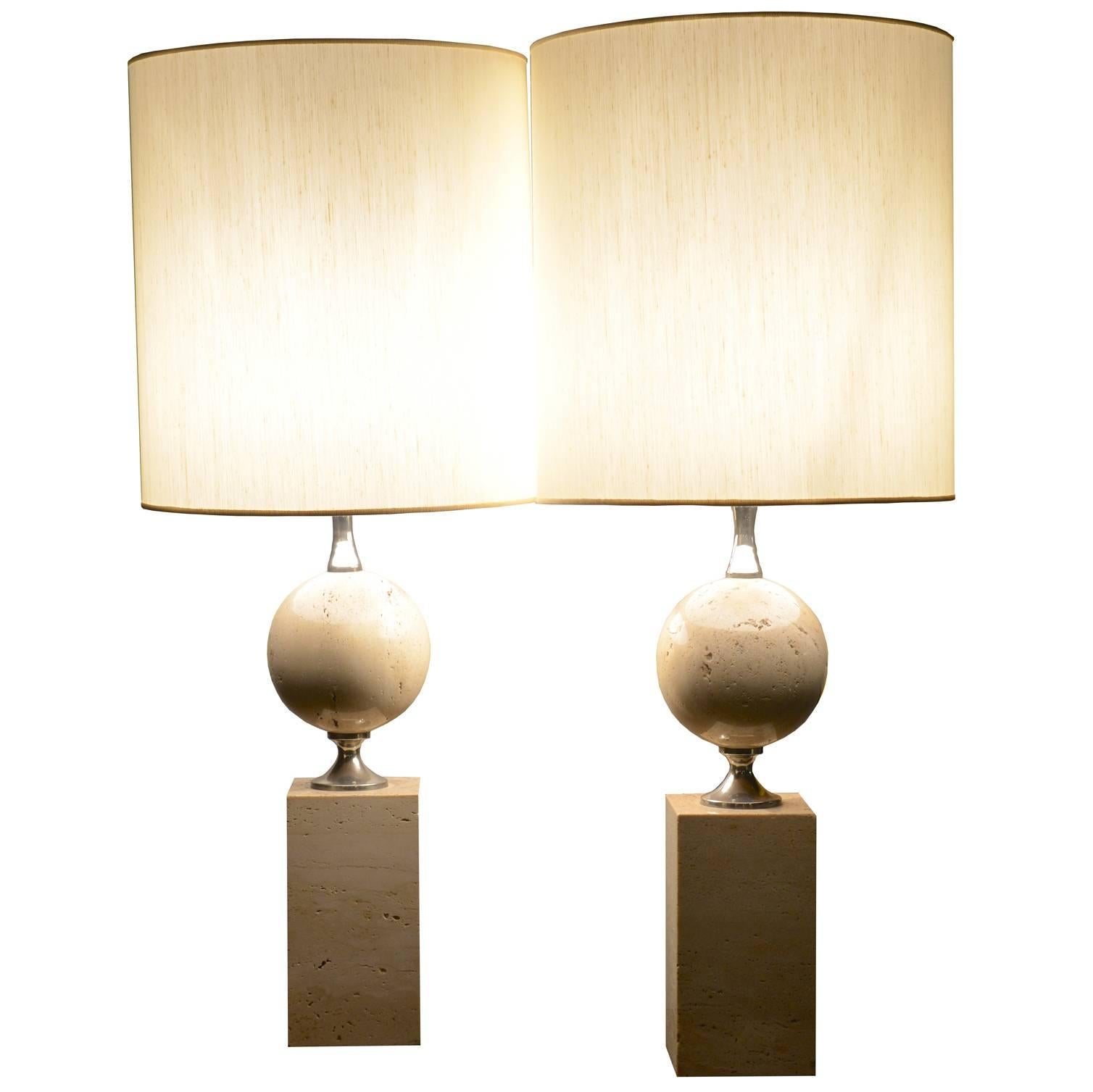 Pair of Maison Barbier Table Lamps in Polished Travertine and Chrome