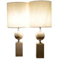 Pair of Maison Barbier Table Lamps in Polished Travertine and Chrome