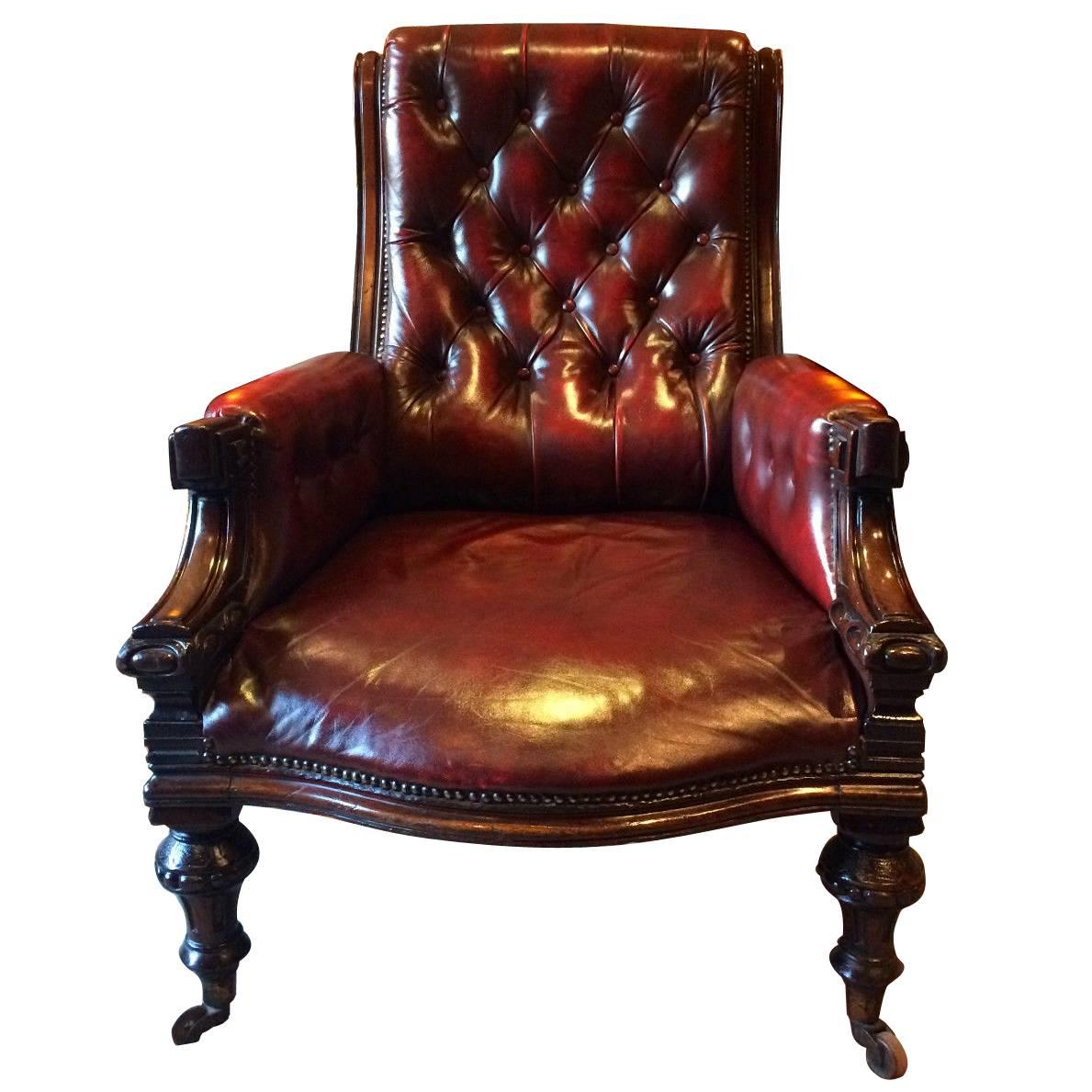 Antique Victorian Leather Button-Back Armchair Mahogany, 19th Century