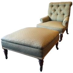 Antique Button Back Armchair & Matching Footstool 19th Century Victorian