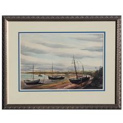 Vintage Watercolor of Beached Boats by Paul Sample