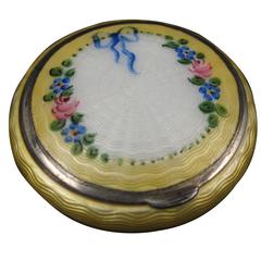 Yellow Guilloche Enamel Hand-Painted Floral and Sterling Silver Powder Compact