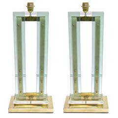 Modern Italian Grand Size Pair of Fontana Arte Style Aqua Glass and Brass Lamps