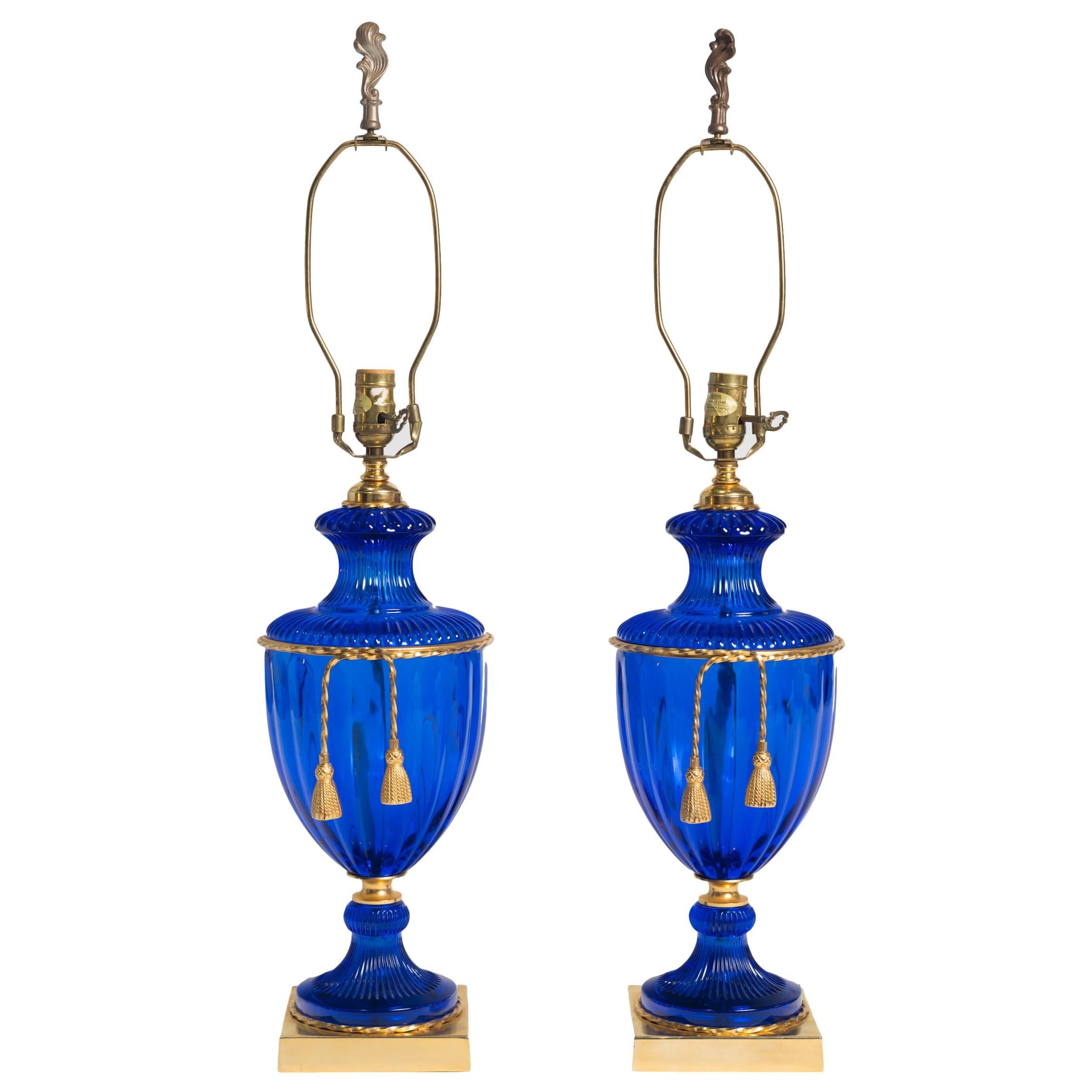 Pair of Blue Murano Lamps with Tassel Accents