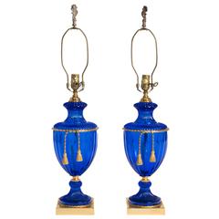 Retro Pair of Blue Murano Lamps with Tassel Accents