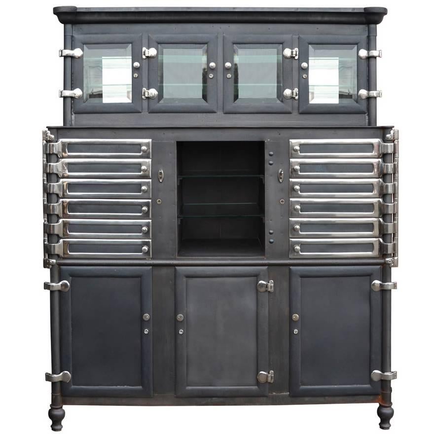 Large Chrome and Raw Steel Medical Cabinet, circa 1920