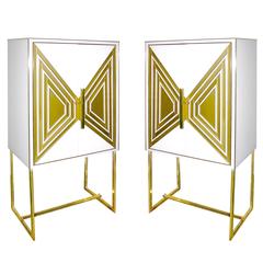 Vintage Modern Italian Pair of Cream and Gold Glass Cabinets / Dry Bars