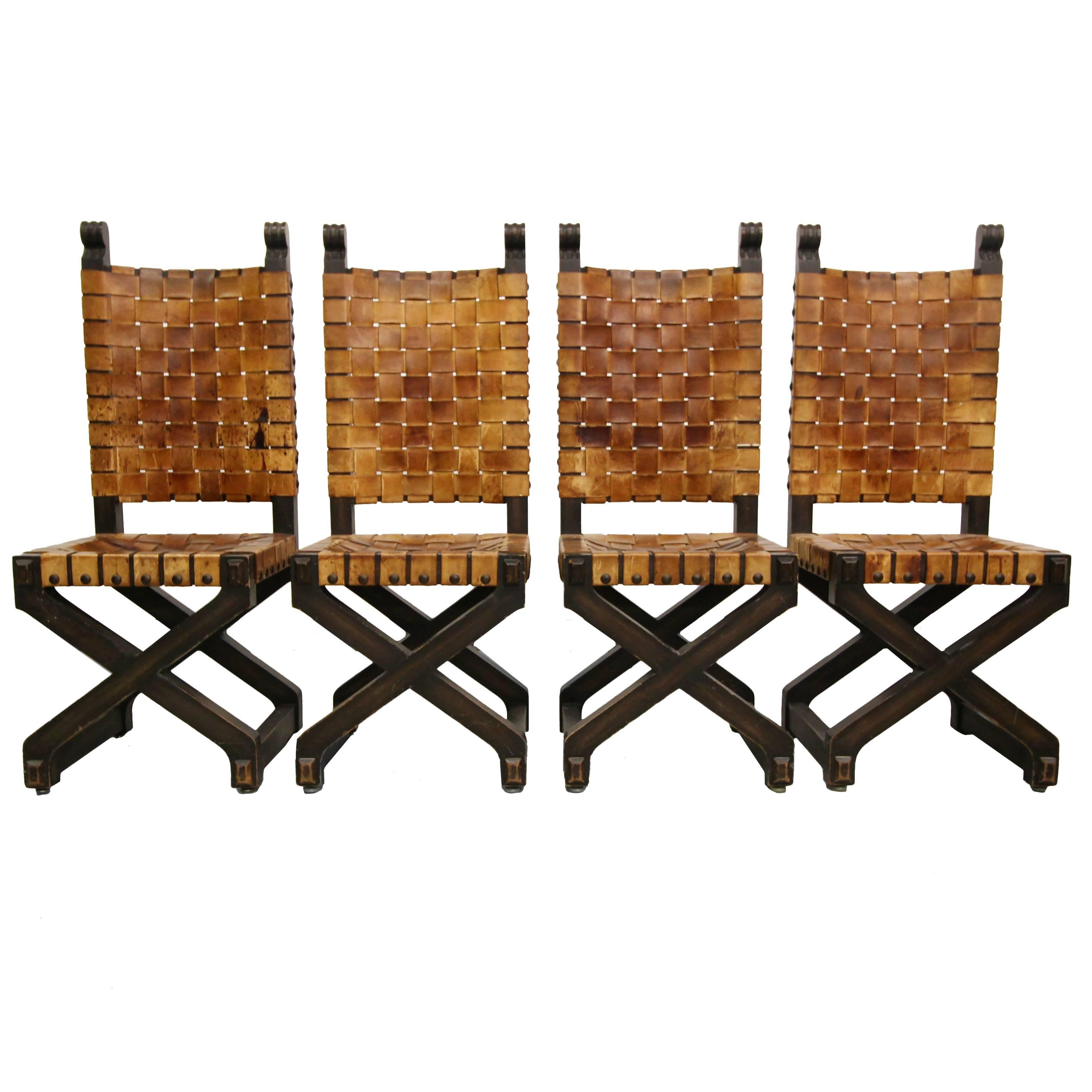 Set of Four Woven Leather and Wood Industrial Farmhouse Style Dining Chairs