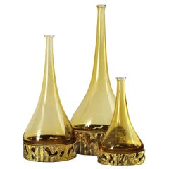 Vintage 1970s Set of Three Murano Bottles by Angelo Brotto, yellow glass, bronze - Italy