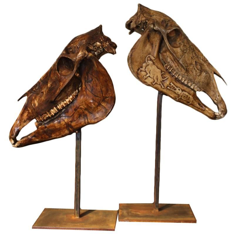Pair of 19th Century Carved Horses Skulls