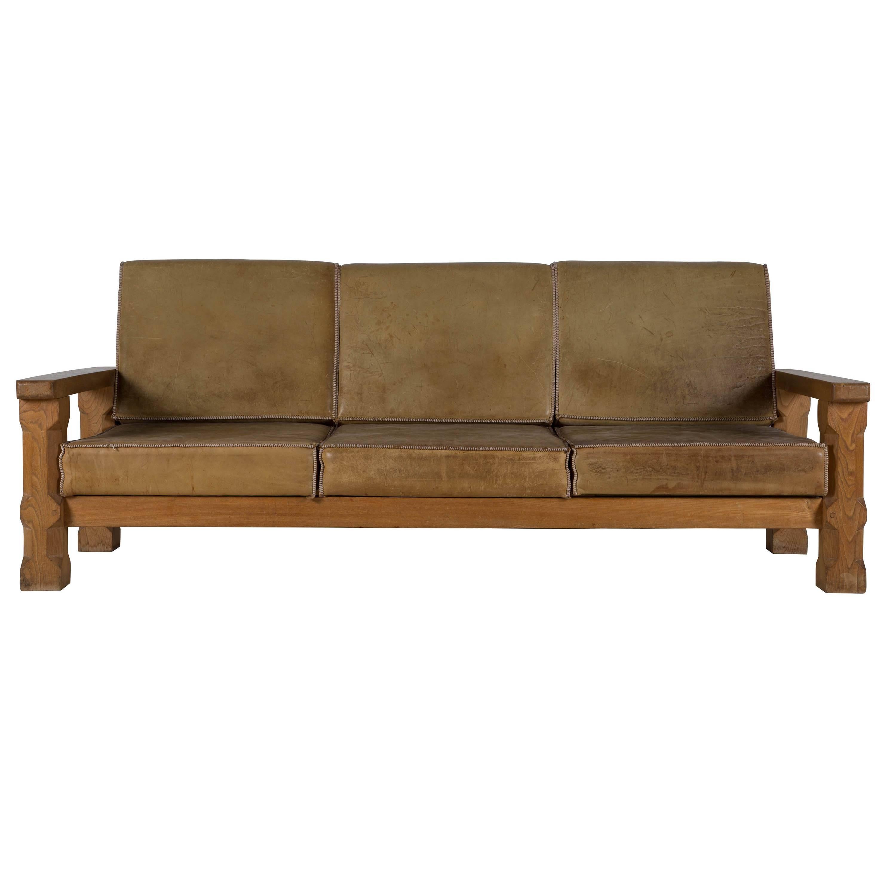 Oak and Leather Arts and Crafts Sofa