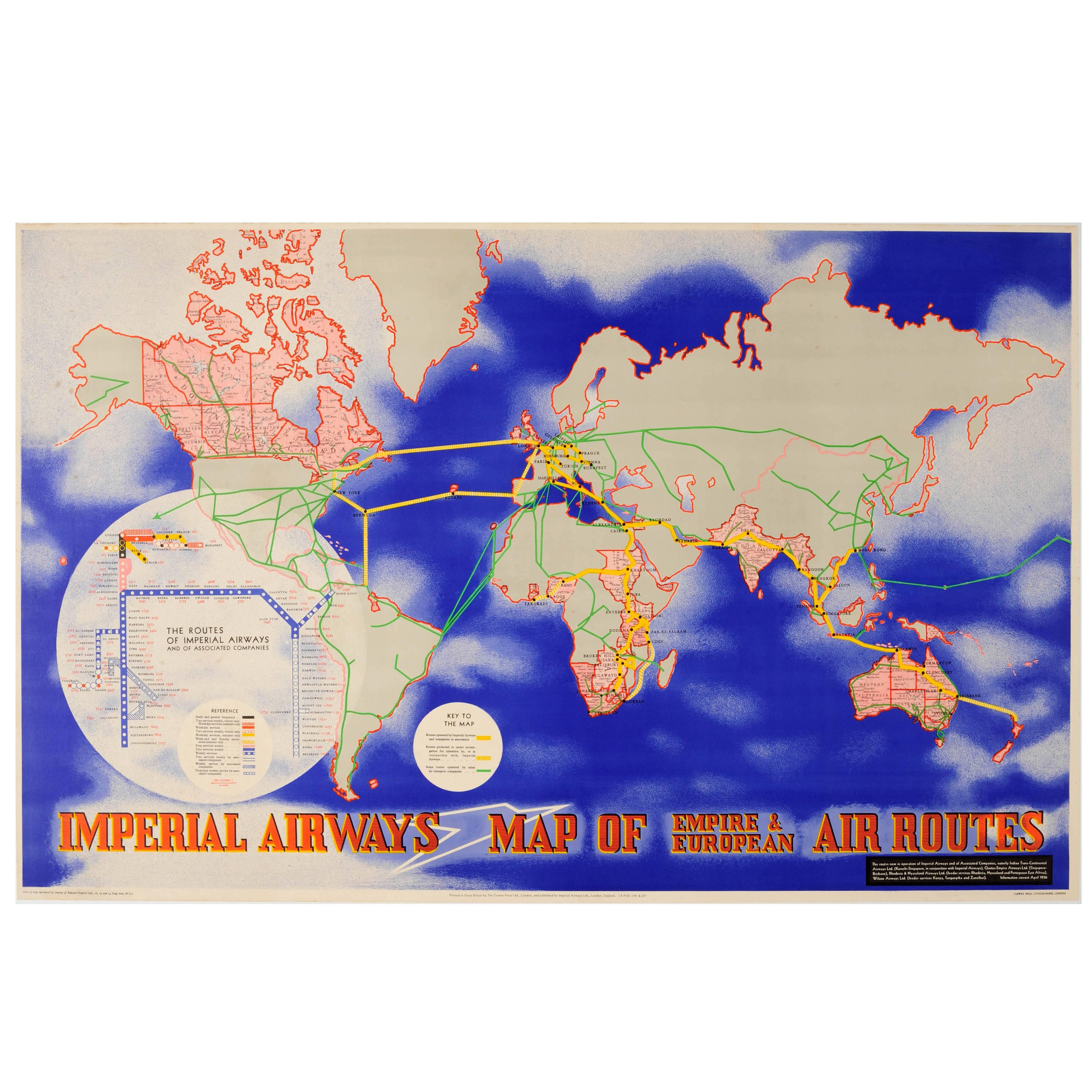 Original Vintage Imperial Airways Poster - Map Of Empire And European Air Routes
