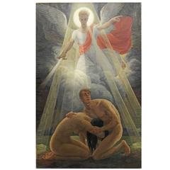 "Departure from Eden," Masterful Art Deco Painting with Nudes, 1930 8