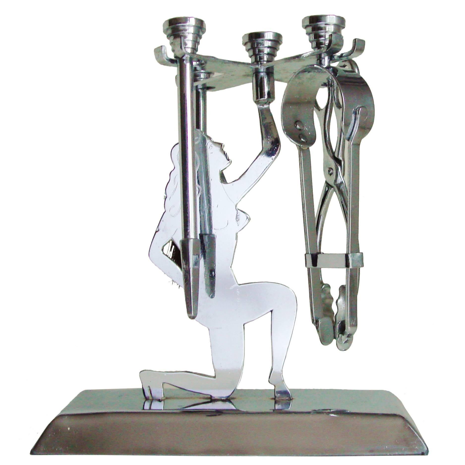 English Art Deco Chrome-Plated Trench Art Five-Piece Figural Small Fire-Tool Set For Sale
