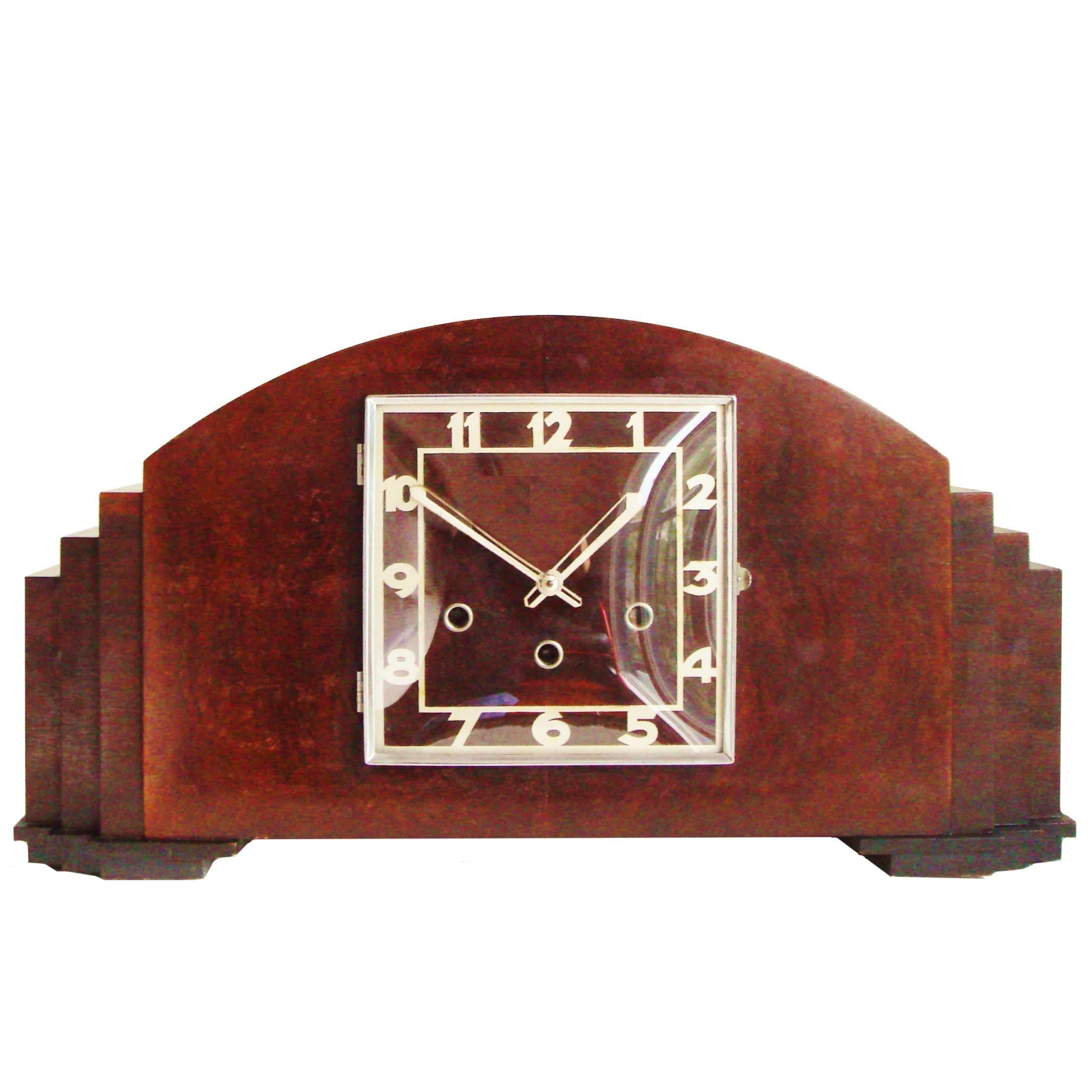 Monumental German Art Deco Mahogany and Black Westminster Chime Mantel Clock