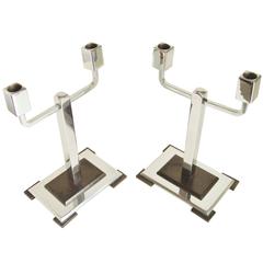 Pair of American Art Deco Chromed and Patinated Bronze Heavy Twin Candleholders 12