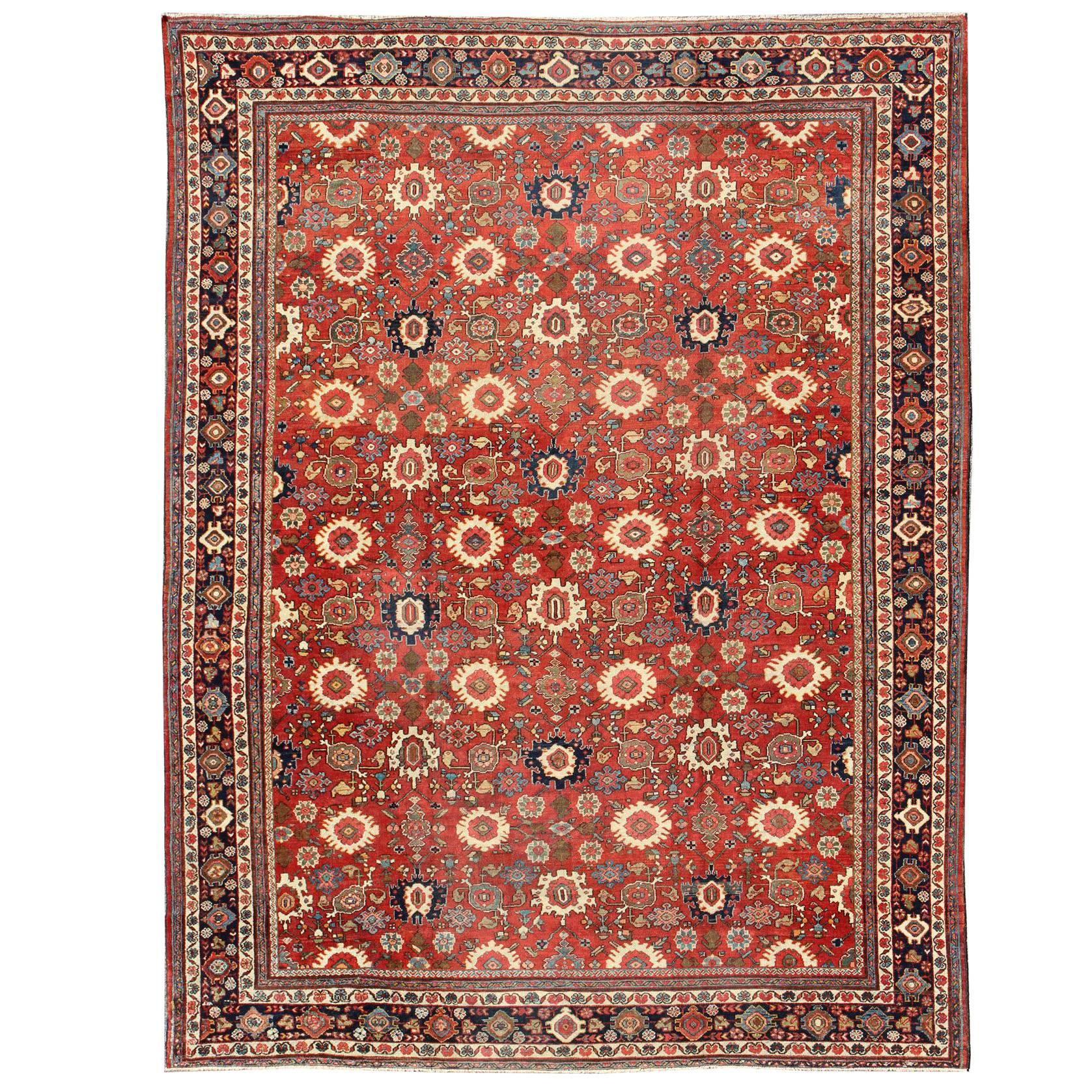 Antique Large Persian Mahal Rug with All Over Design in Red Background