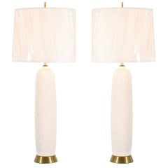 Vintage Spectacular Pair of Stippled Porcelain and Brass Lamps, Italy, circa 1960