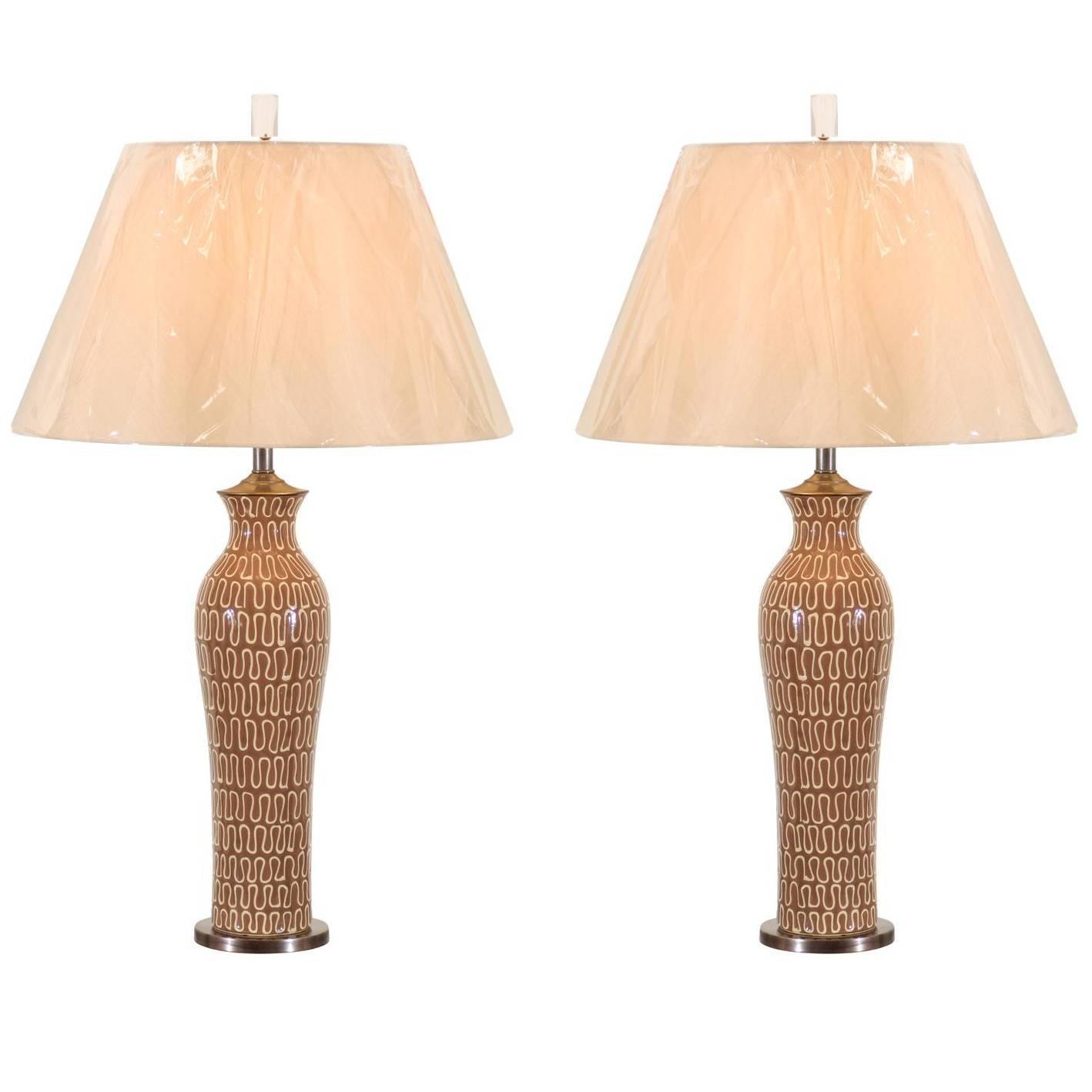 Gorgeous Pair of Glazed Ceramic Lamps with Lucite and Bronze Accents