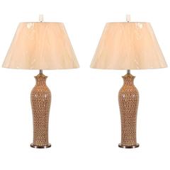 Gorgeous Pair of Glazed Ceramic Lamps with Lucite and Bronze Accents 5