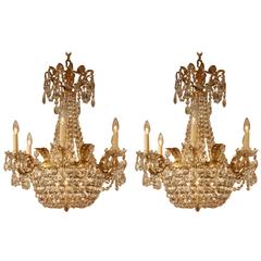 Pair of French Empire Crystal and Bronze Chandeliers