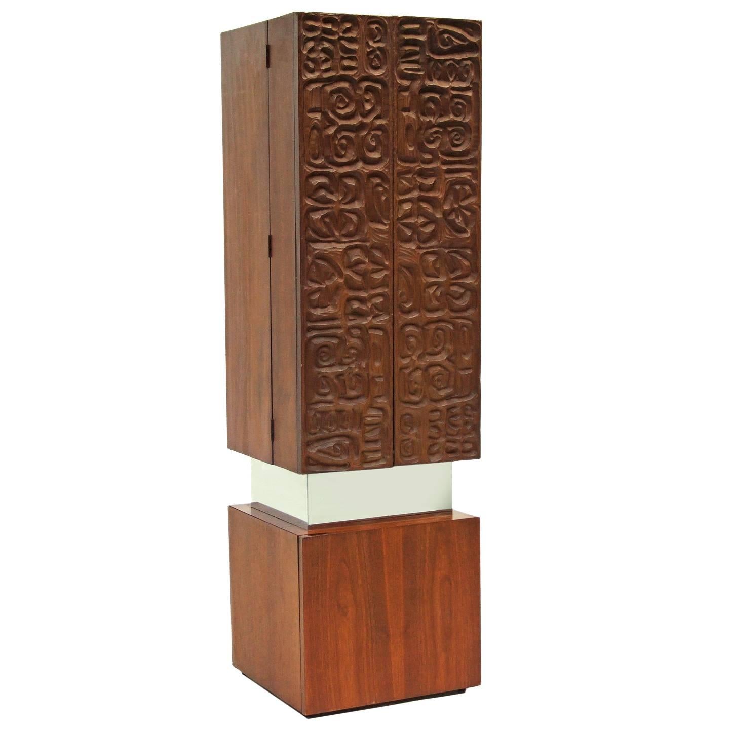 1970s Brutalist Cabinet with a Textured Relief and Chrome Trim