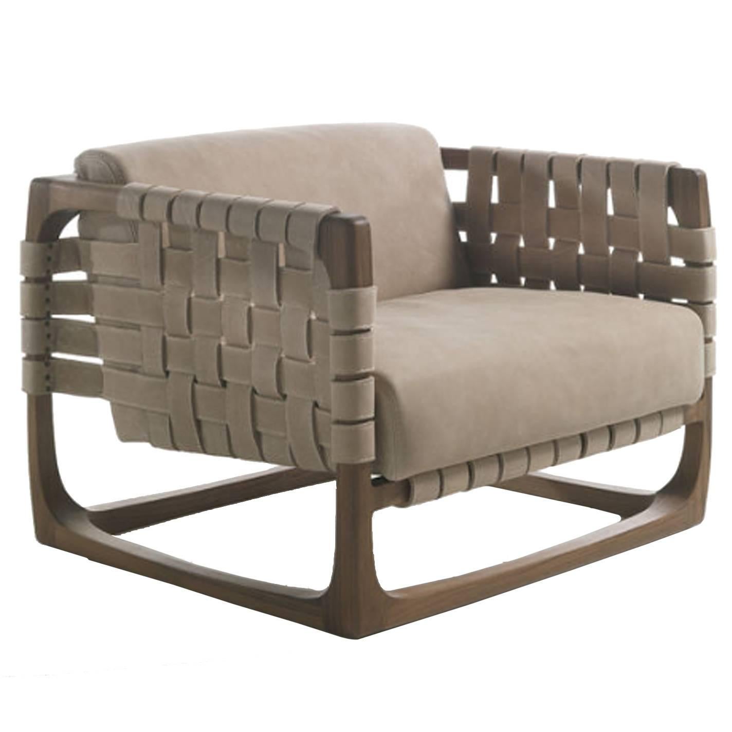 Webbing-Sessel mit gepolstertem Sitz aus Nubuk-Leder aus massivem Nussbaumholz