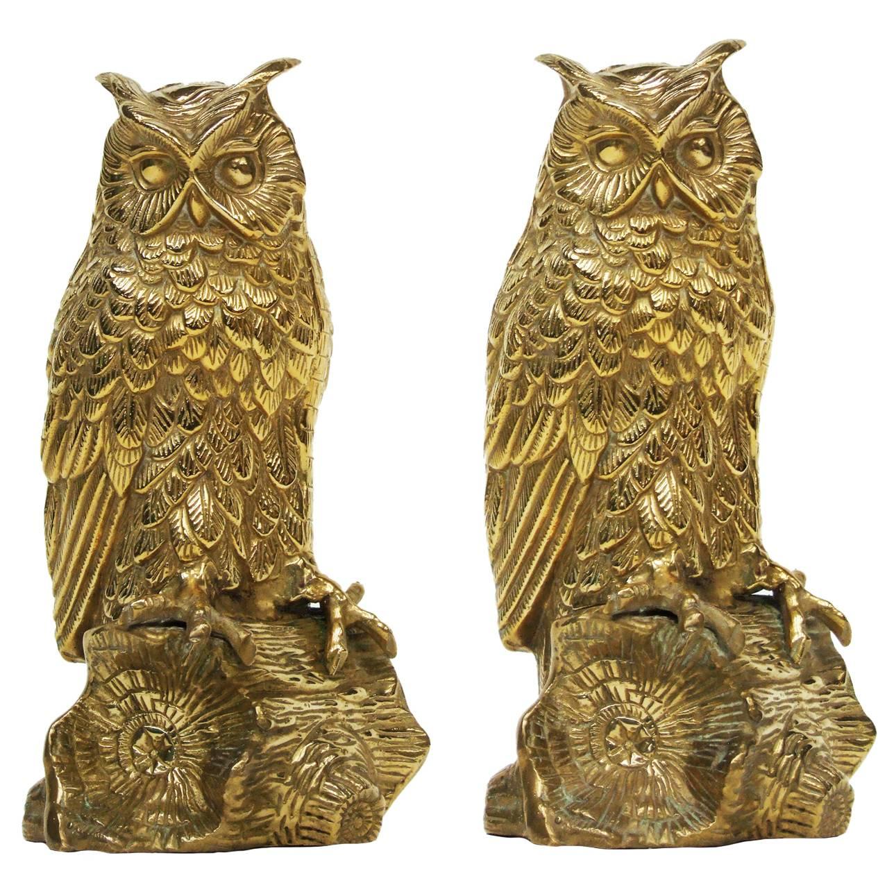 Pair of 1950s Brass Owl Bookends Sculptures