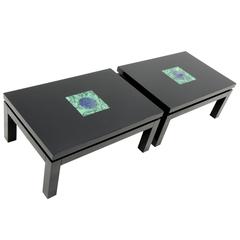 Pair of Side Tables Black Resin Inlaid Malachite and Azurite