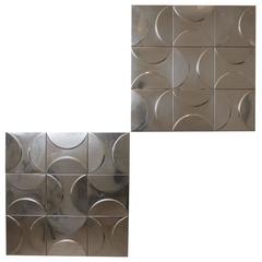 1970s, Set of 11 French Metal Decorative Panels of Relief Geometrical Figures