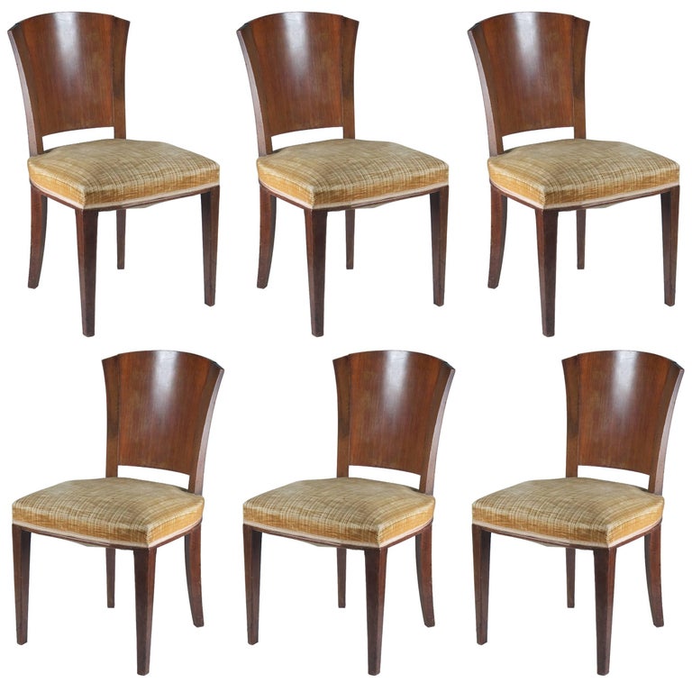 Dominique Set of Six Rosewood and Walnut Dining Chairs For Sale