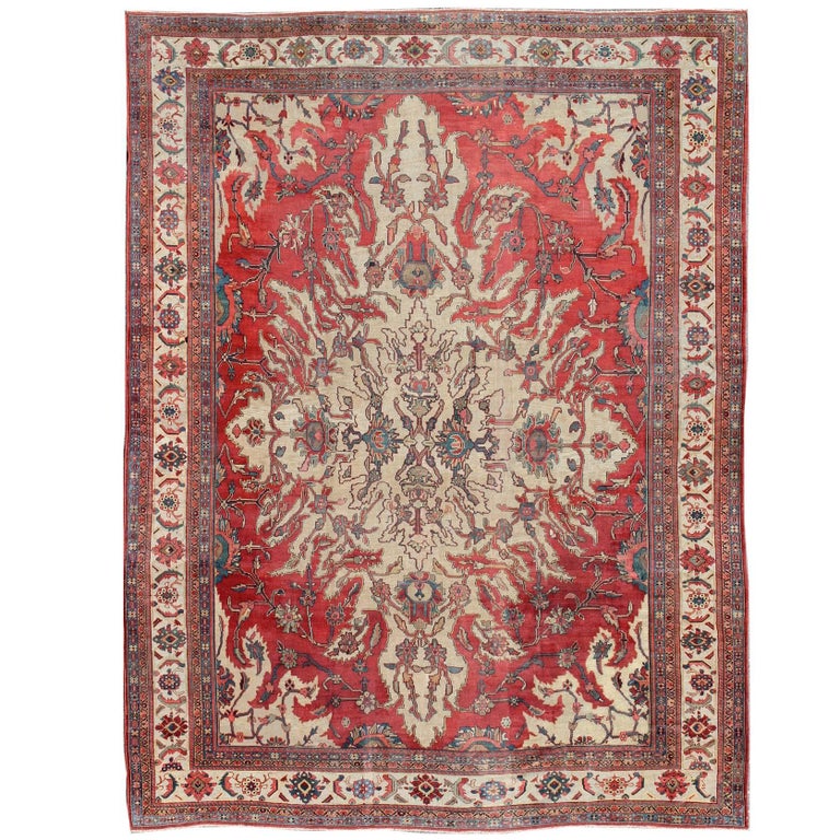 Antique Persian Sultanabad Rug with a large Medallion in Red and Ivory Colors For Sale at 1stdibs