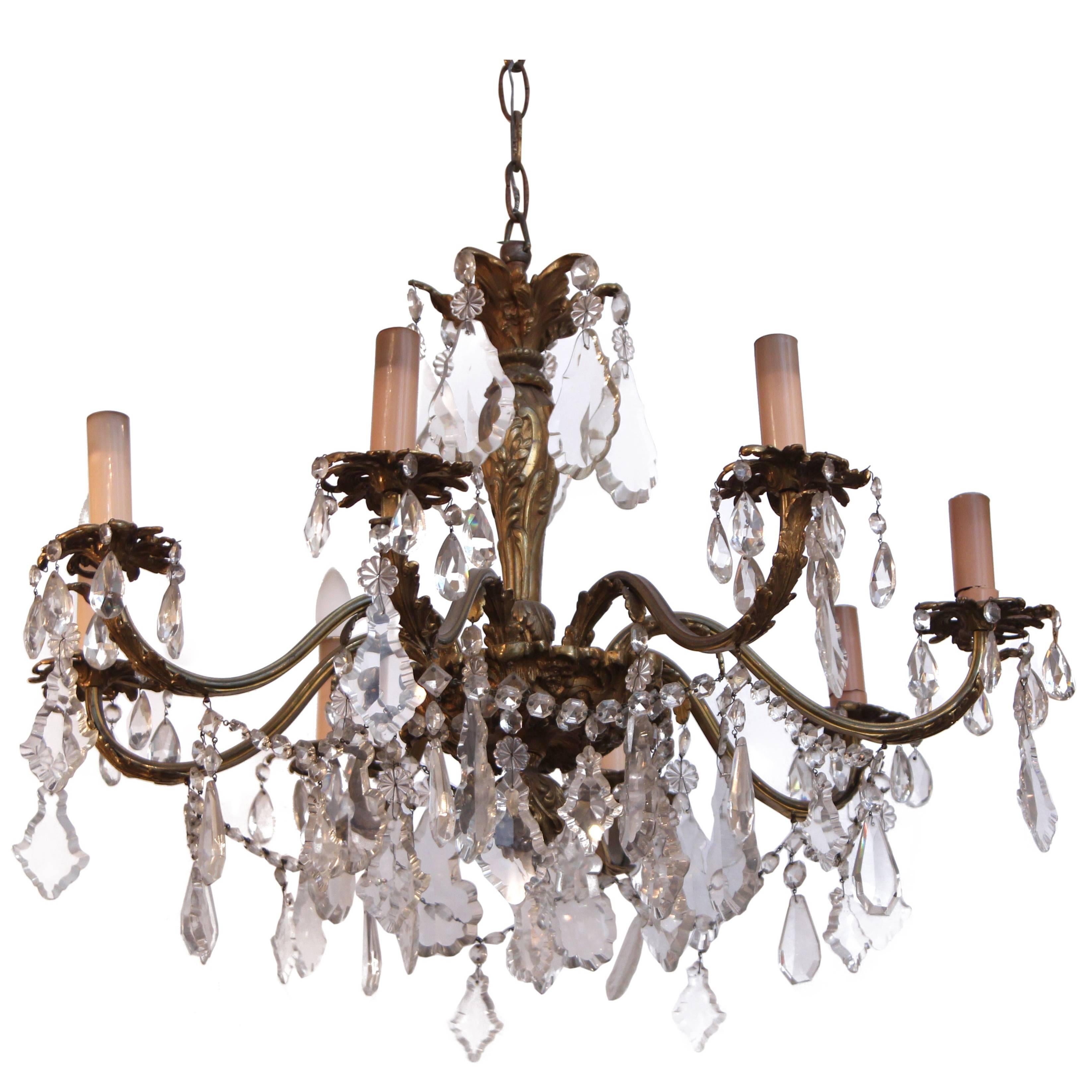 1920s Bronze and Crystal Eight-Arm Chandelier
