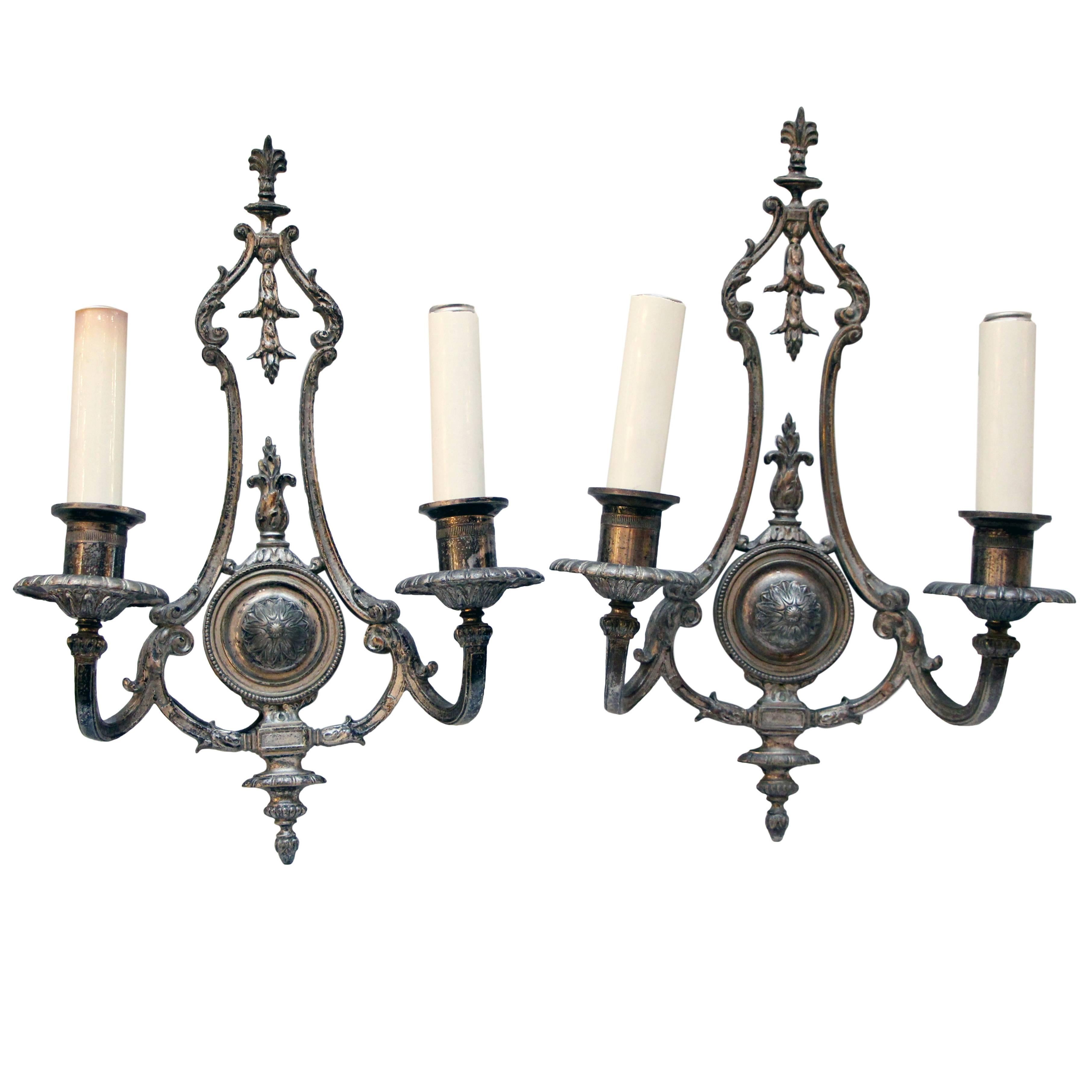 1910s Pair of Silver Plated Two-Arm Sconces