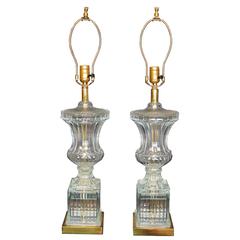 Pair of Clear Glass Baccarat Style Campana Form Urn Table Lamps
