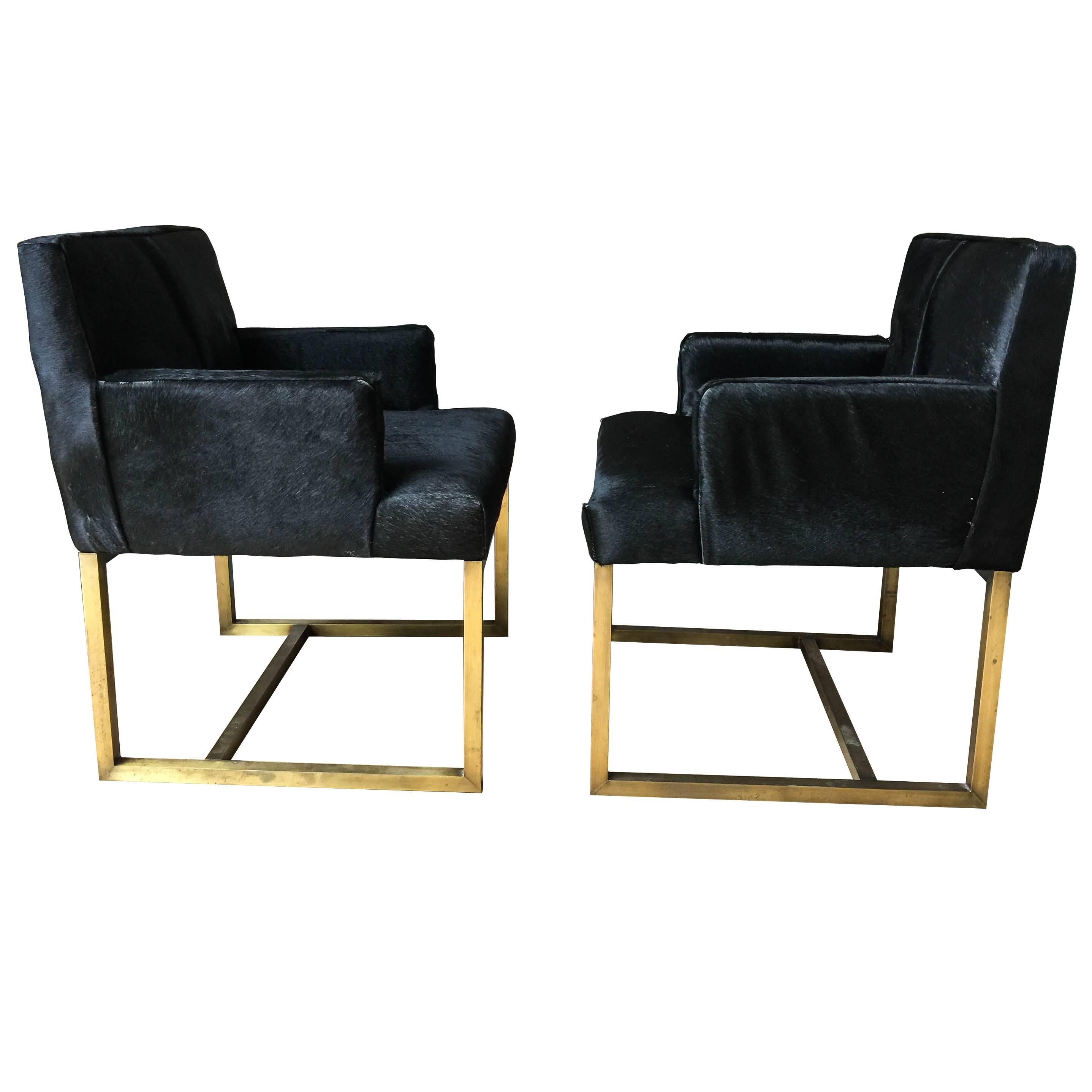 Pair of Mid-Century Swedish Brass and Black Hide Chairs