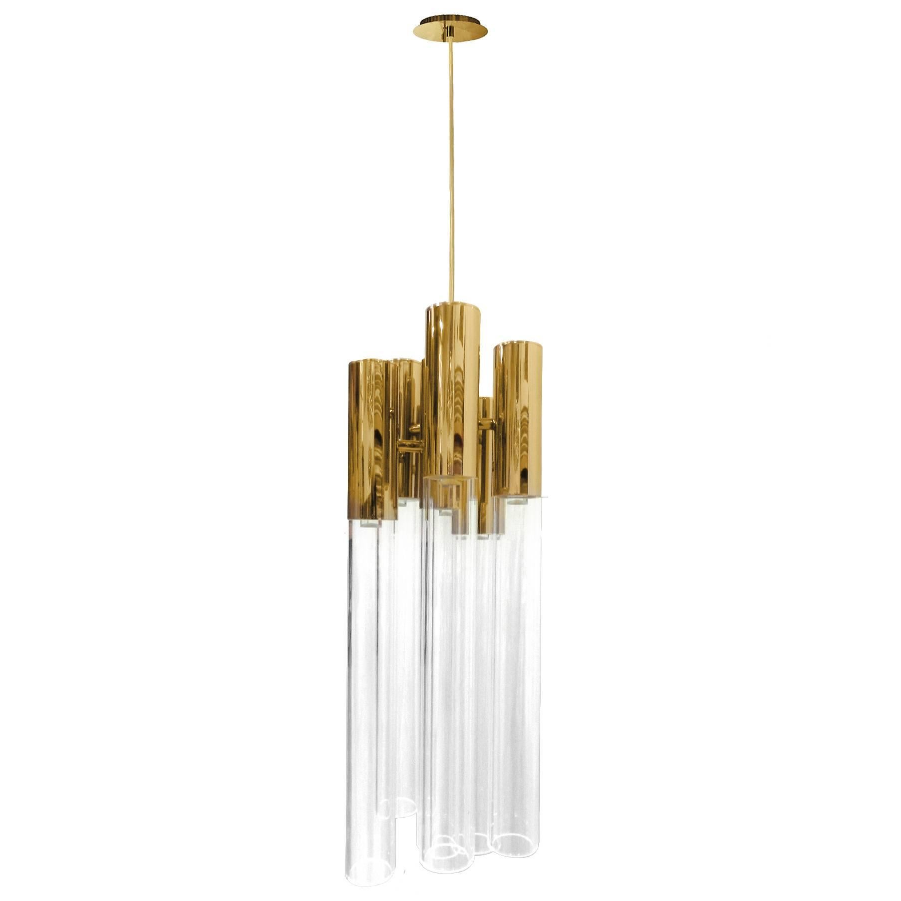 Pair of European Brass and Crystal Burj Pendant Chandeliers by Luxxu For Sale