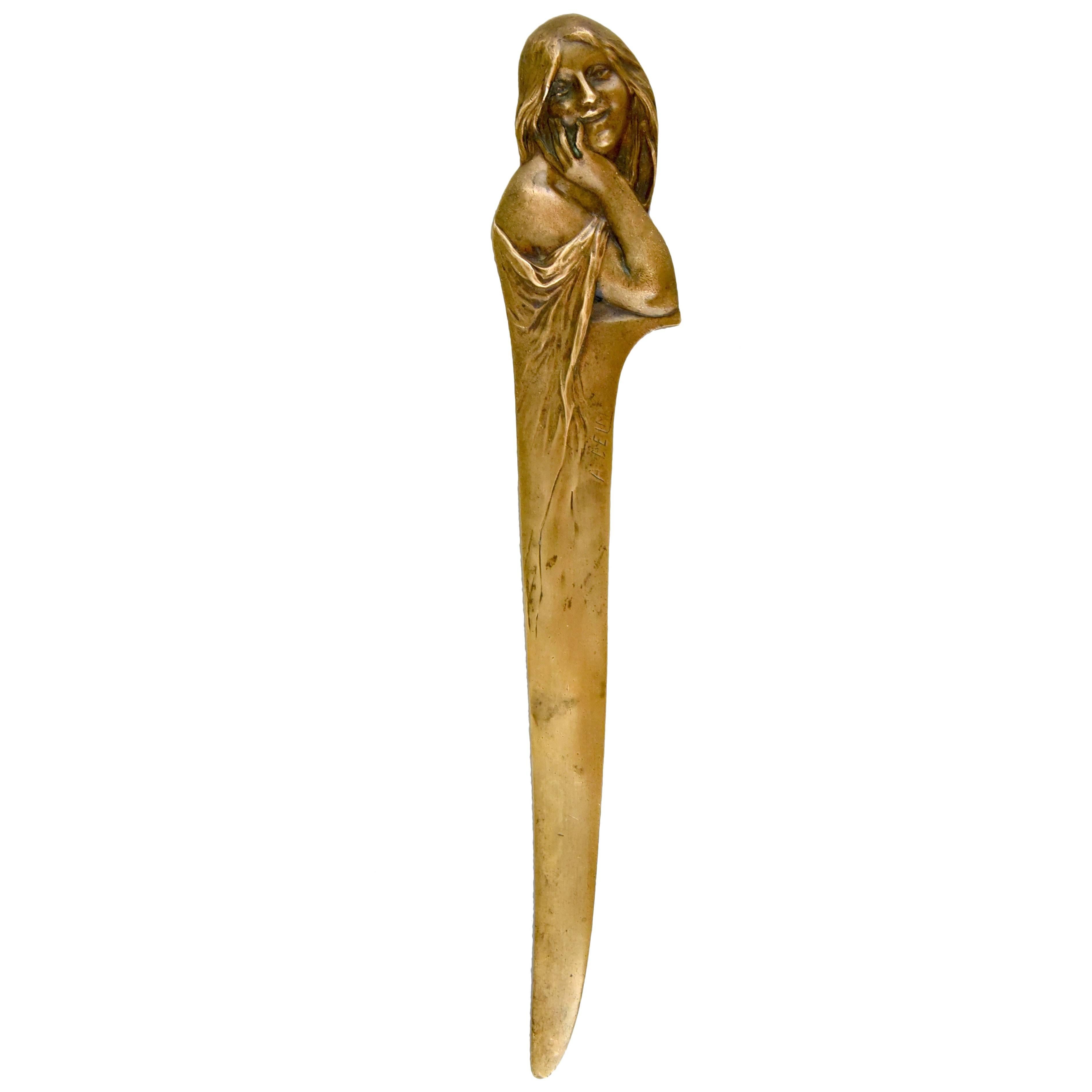 French Art Nouveau Bronze Letteropener with Lady, Signed A. Delm, 1900