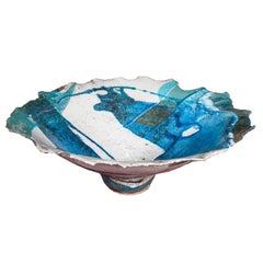 Vintage Contemporary Ceramic Sardinian Raku Bowl blue, grey, green, turquoise, black