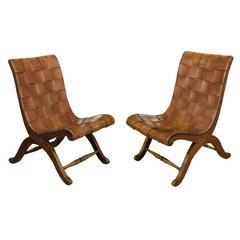 Antique Pair of French Woven Leather Chairs
