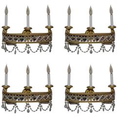 Four Empire/Napoleon III Style Bronze and Crystal Three-Light Sconces