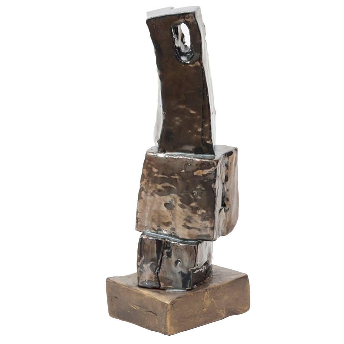 Metallic Glazed Brutalist Ceramic TOTEM Sculpture by Judy Engel