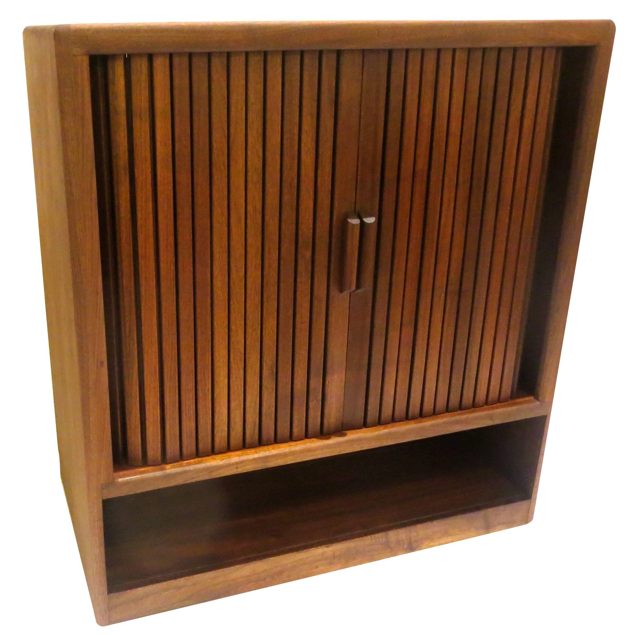 American Mid-Century Modern Solid Walnut Tambour Door Media Cabinet