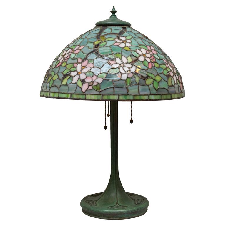 Full Floral "Apple Blossom" Leaded Glass Table Lamp by Unique Art Glass