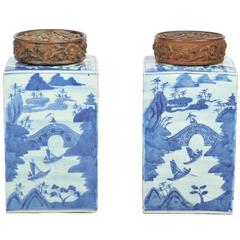 Pair of 19th Century Chinese Blue and White Tea Canisters