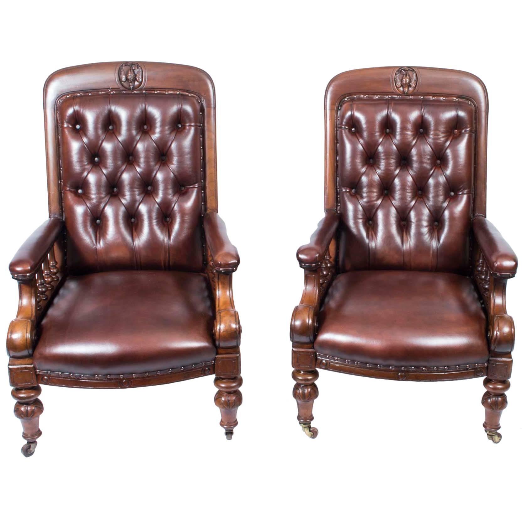 19th Century Pair of English Victorian Leather Armchairs