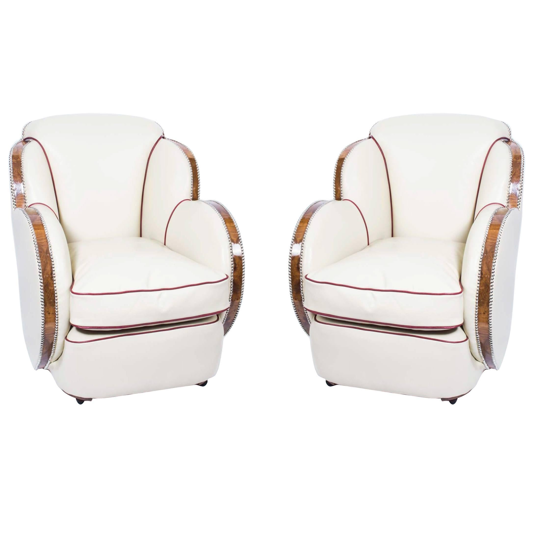 1930s Pair of White Leather Art Deco Cloud Armchairs